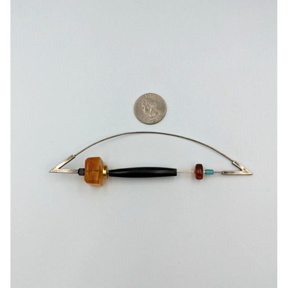 Sterling Silver Amber Brooch Modernist Artist Made Vintage Safety Pin Type 925 - Picture 12 of 13